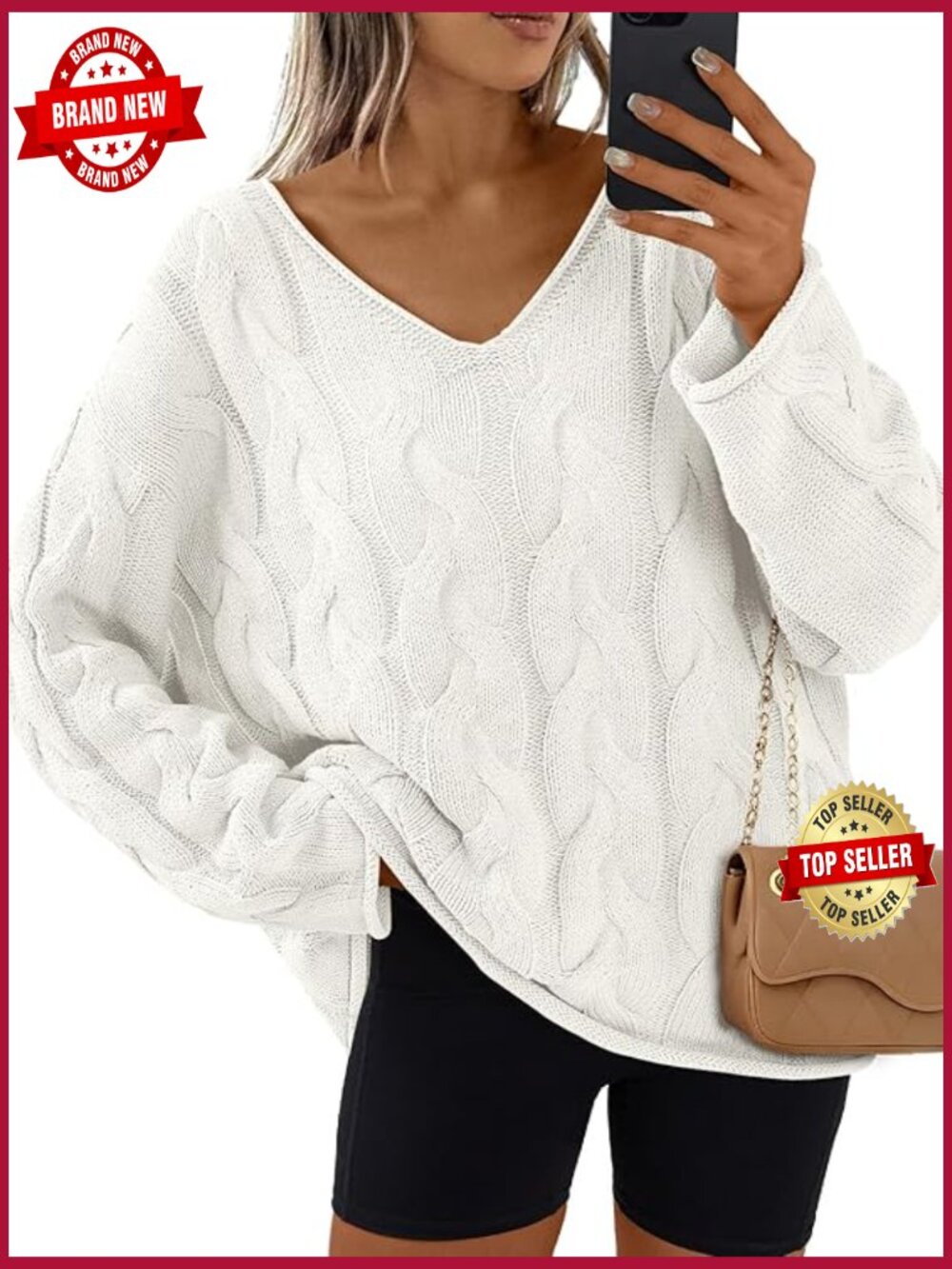 Oversized V-Neck Cable Knit Pullover Sweater - Cozy Long Sleeve